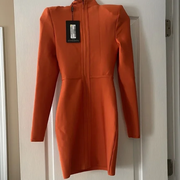 NEW PLT Rust Bandage High Neck Long Sleeve Bust Panel Bodycon Dress - Picture 2 of 3